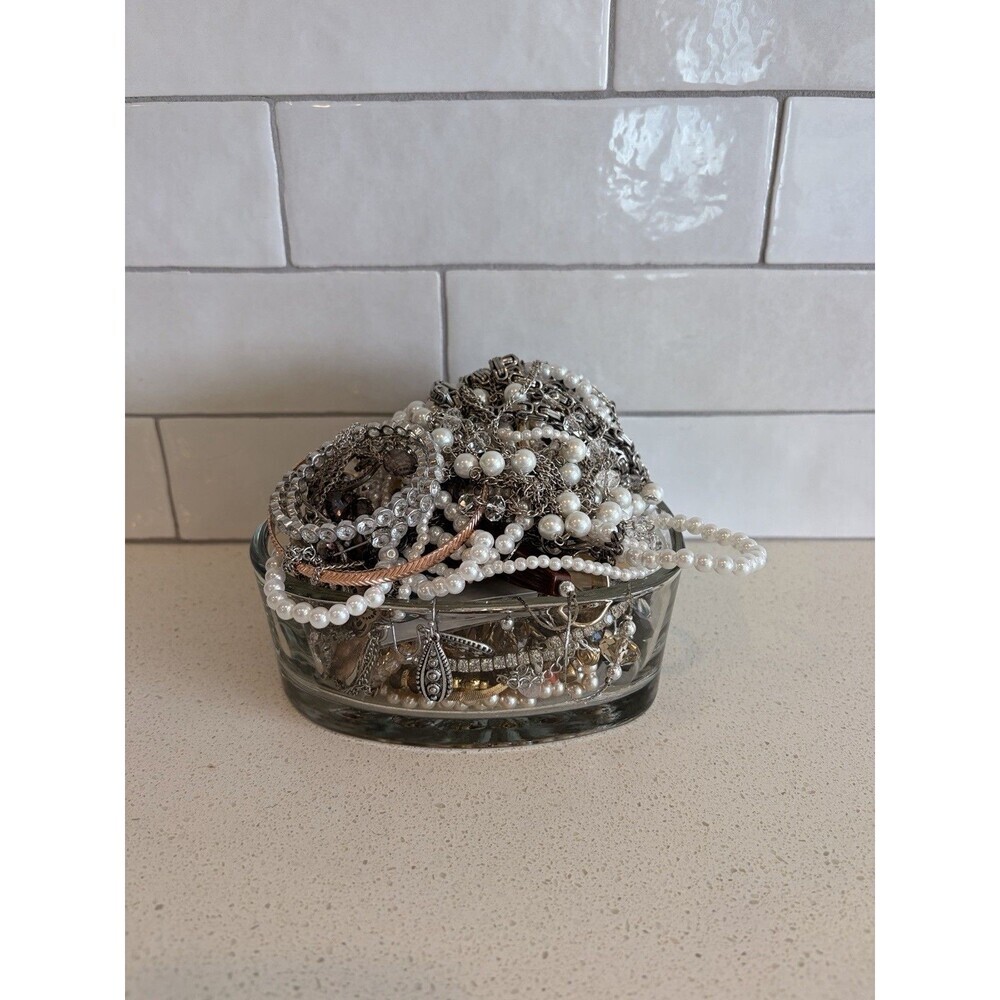 Vtg Mystery Jewelry Jar VTG Vase Mixed Metal Gold & Silver Tone Real Pearls